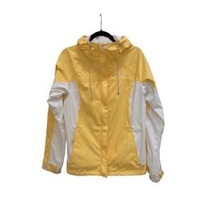 Columbia Womens Large Yellow White Colorblock Hooded Rain Jacket Windbreaker